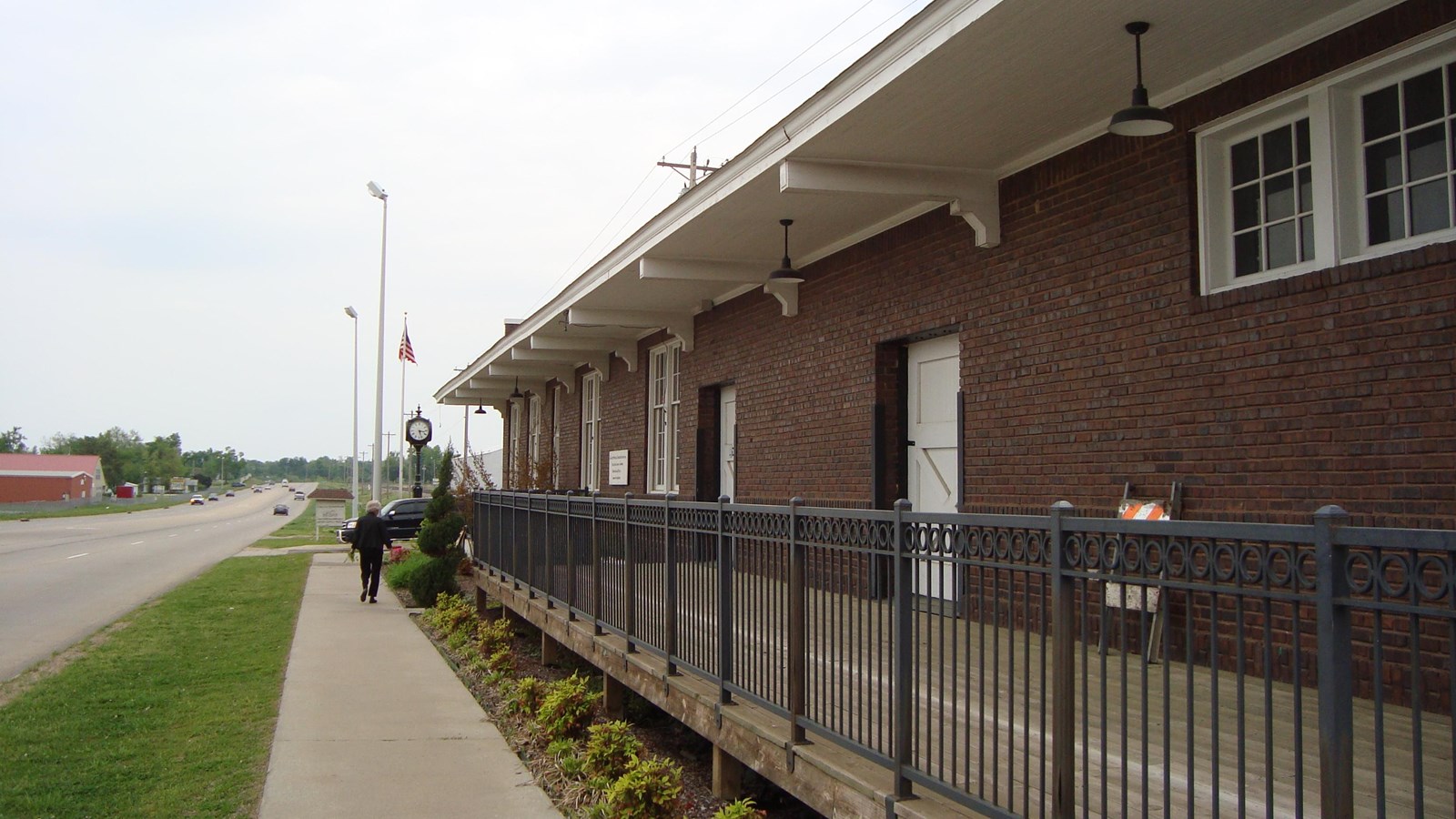 Street-facing view of the red brick historic train depot