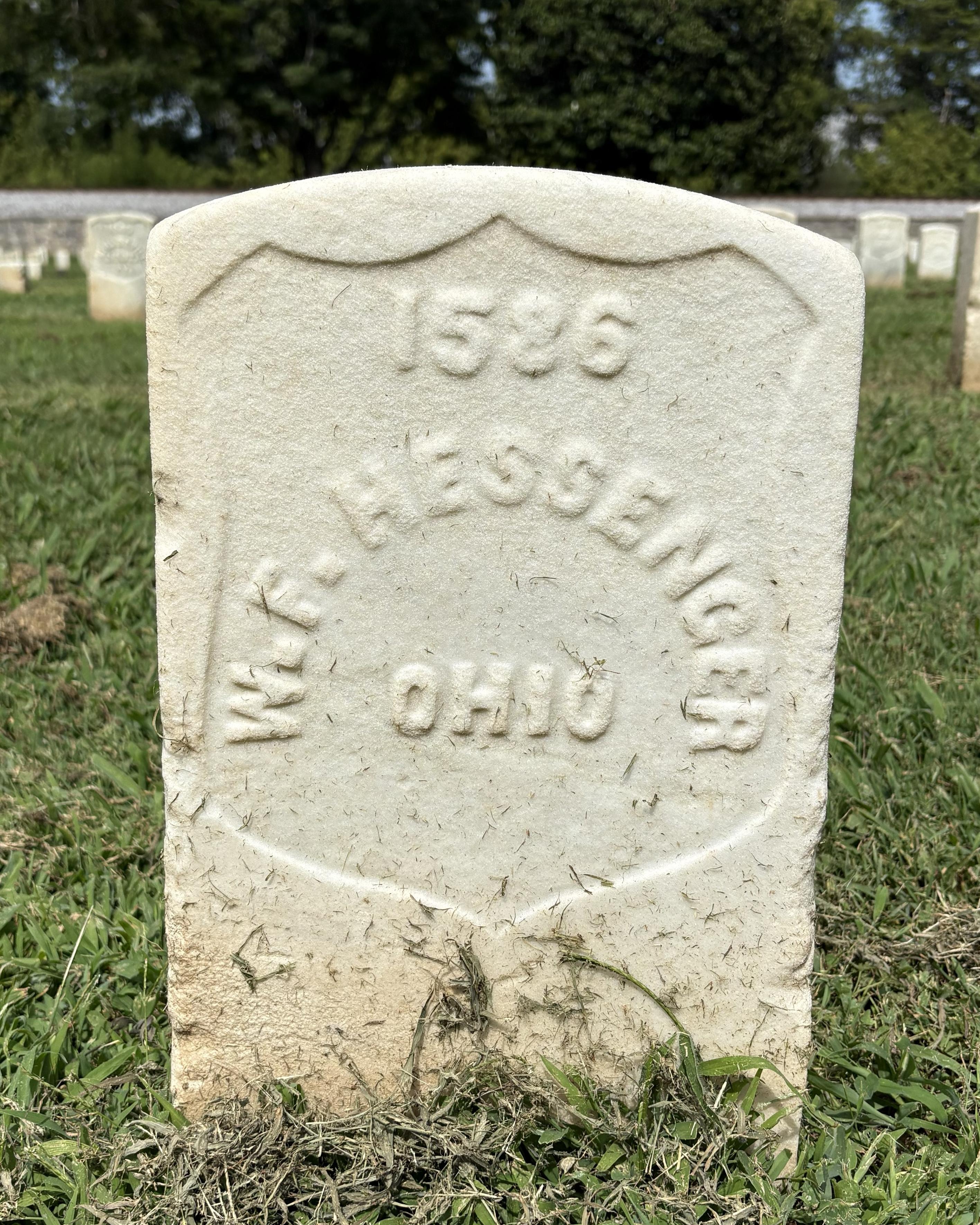 Marble headstone marking the resting place of William F. Messenger in the Stones River cemetery.