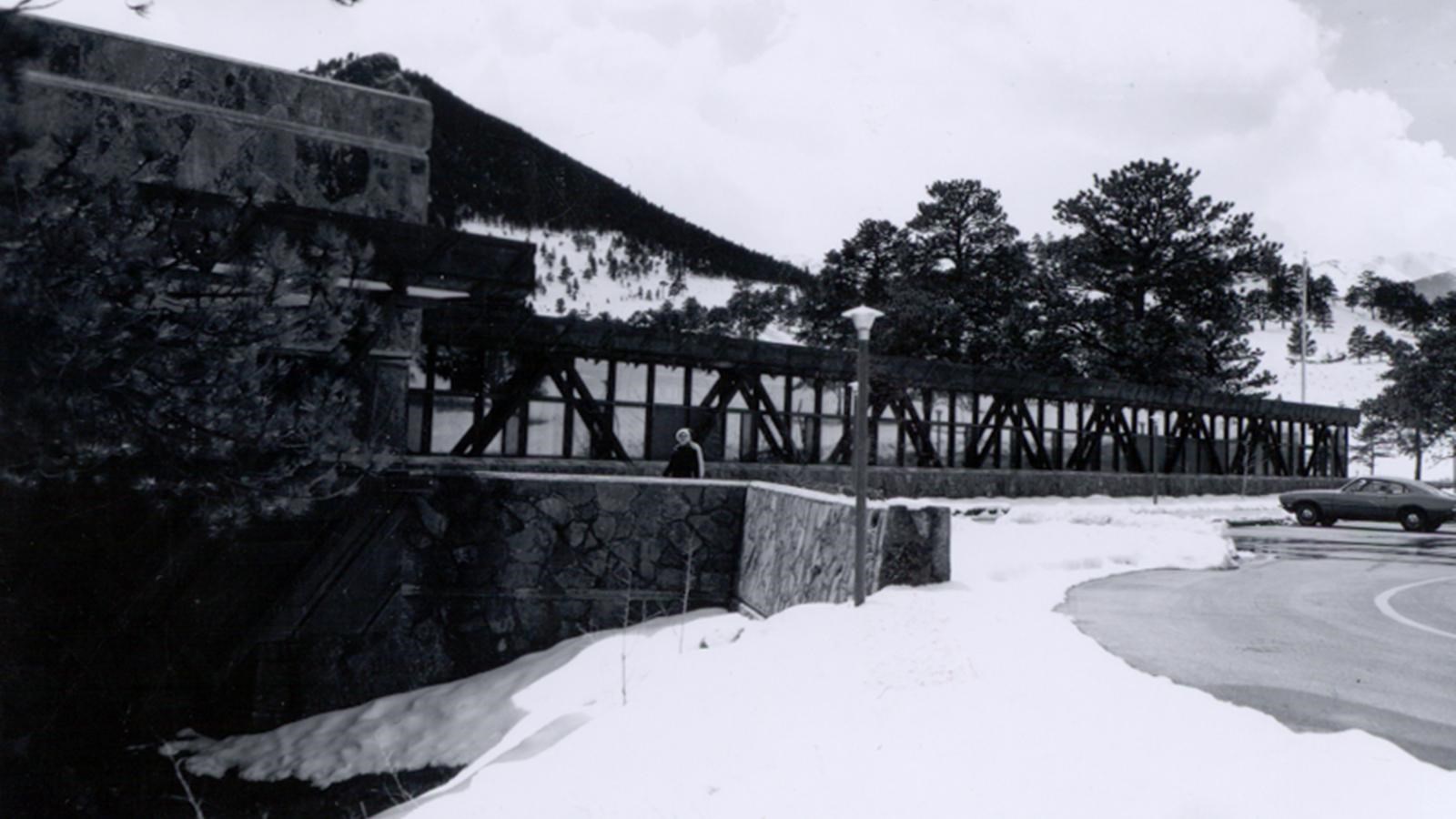 Black and White view of the back side of the Beaver Meadows Visitor Center building in 1971
