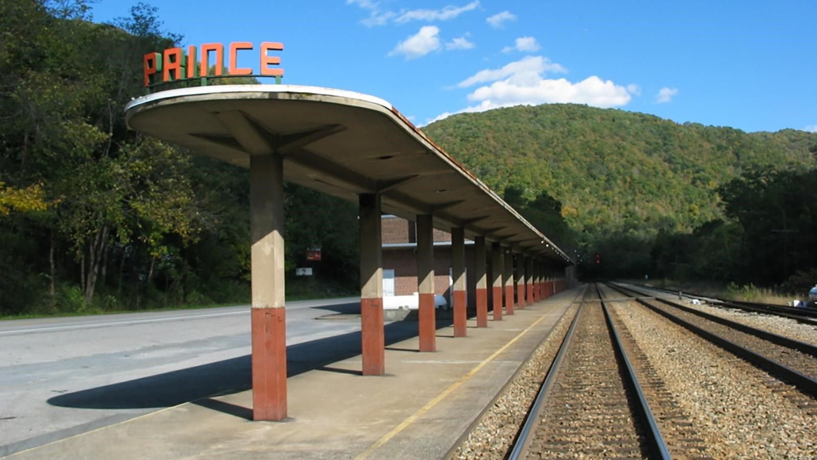 art deco railroad depot and railroad tracks