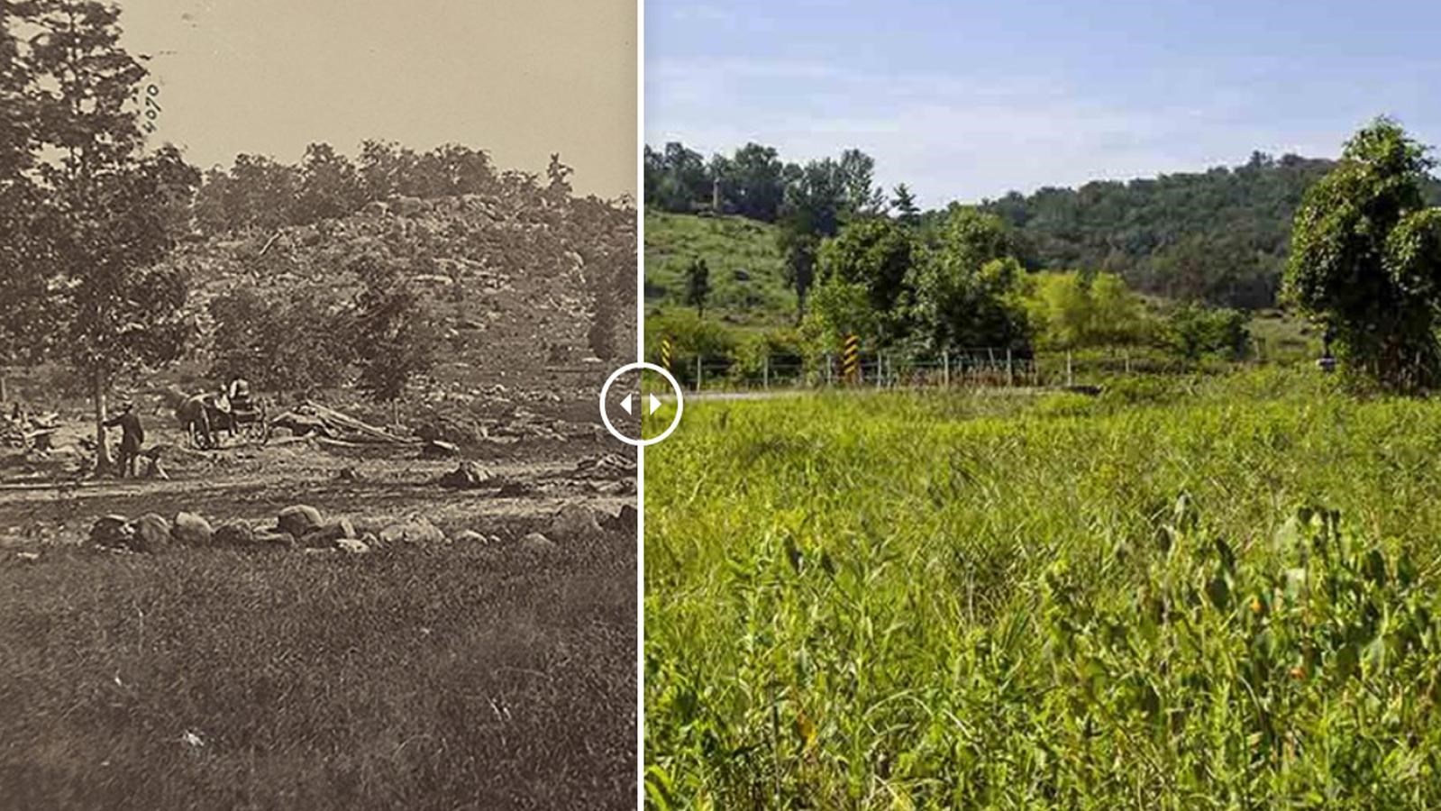 A historic image of Little Round Top to the left with an image of the modern location to the right.