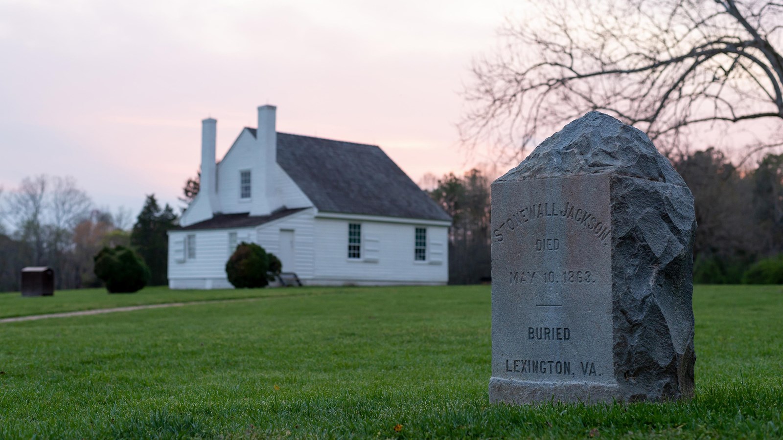 A stone marker that reads, Stonewall Jackson Died, May 10, 1863, buried Lexington, VA.