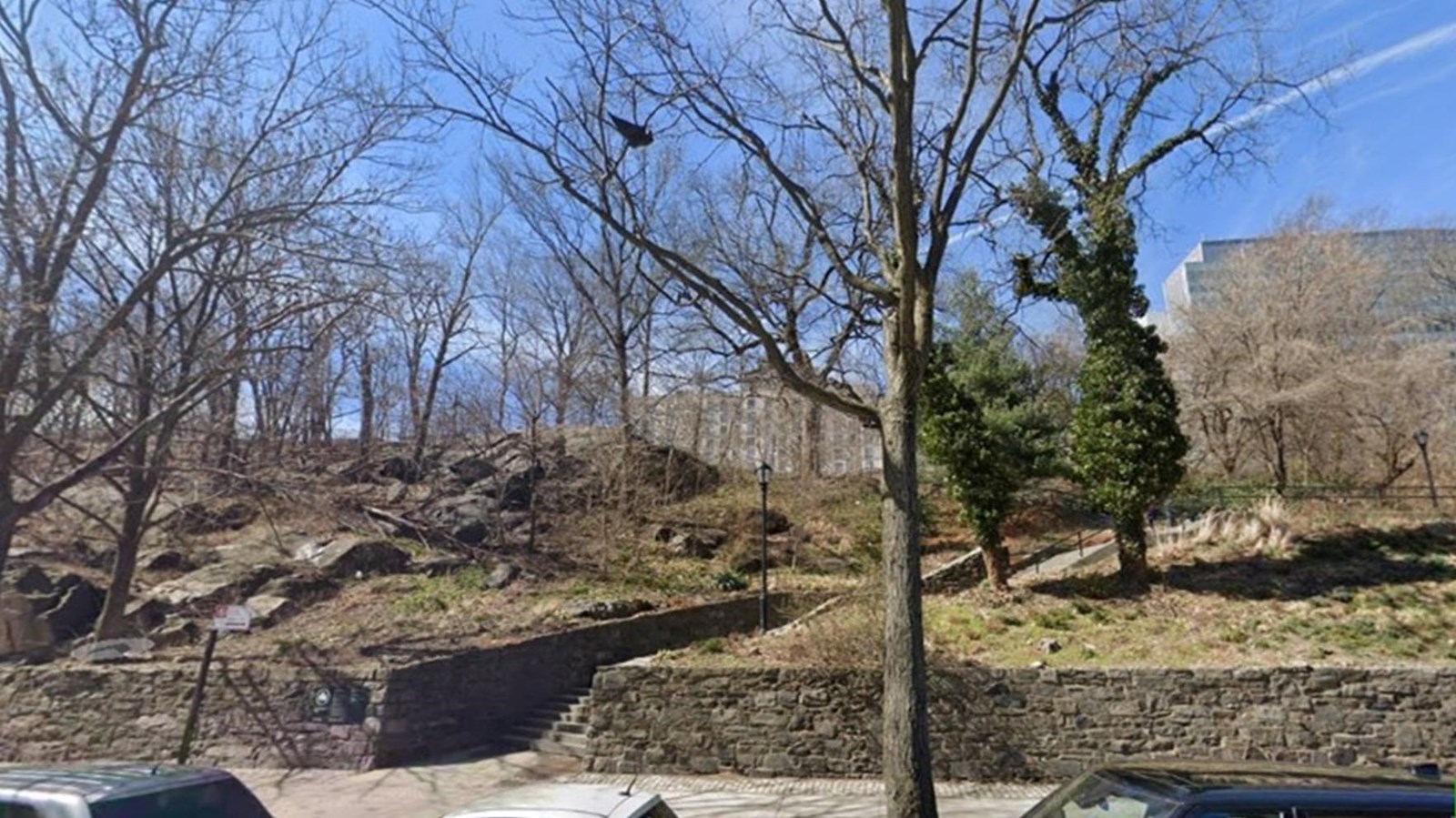 A park along a street with a stone wall and stairs that cut through going uphill.