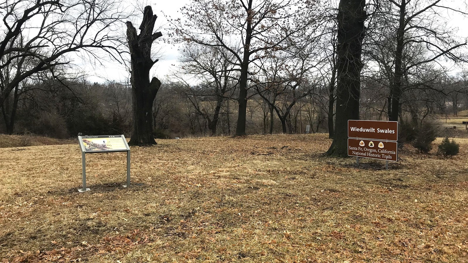 Interpretive signs stand to the left and right of the image. Grass and bare trees are in the back.