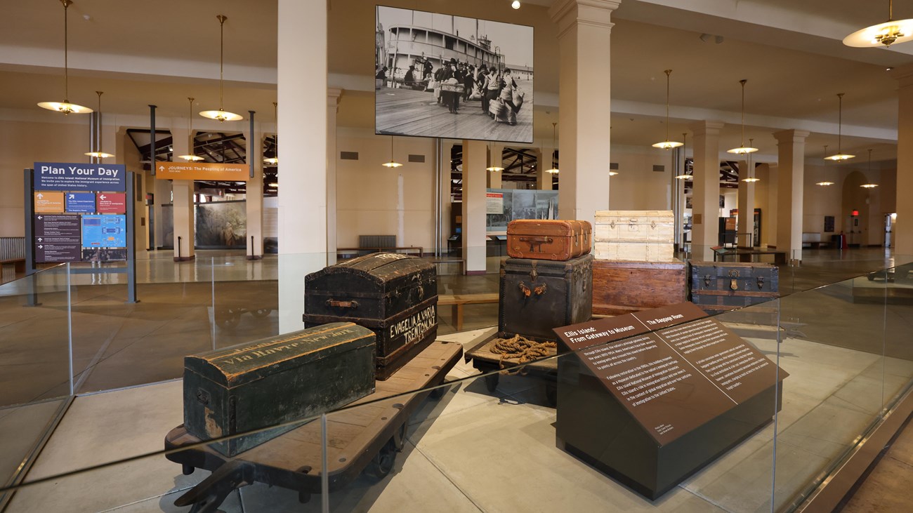 First Floor of Ellis Island Main Immigration Building with historic baggage on display