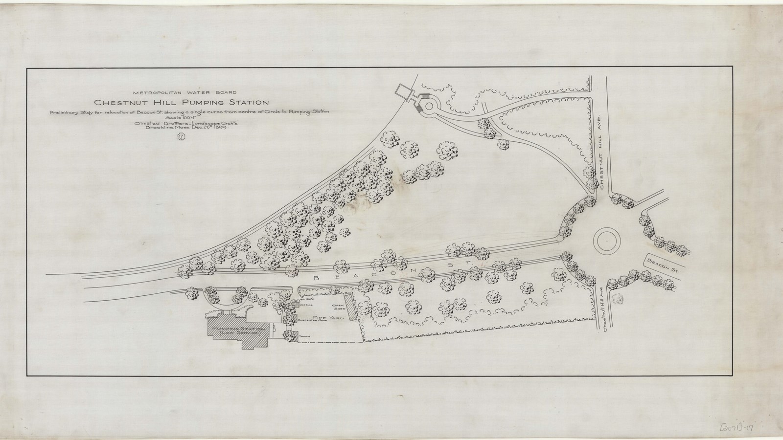 Pencil drawing of rotary lined with trees leading to building lined by trees. 