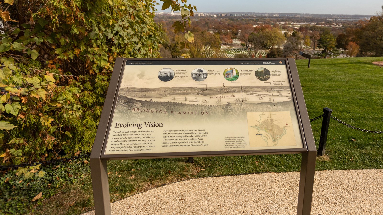 An information panel depicts an illustration of the Potomac River and Washington, DC on the horizon.