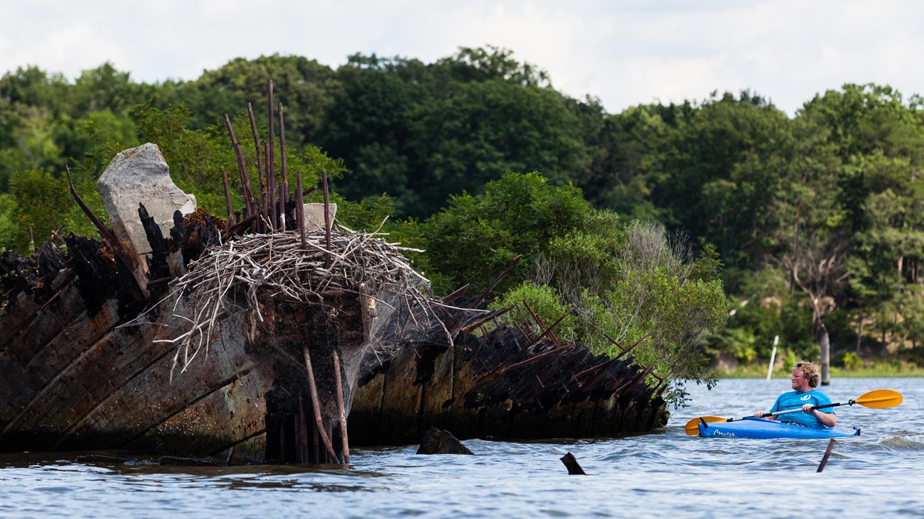 A color photograph of a man on a blue kayak next to an old sunken ship.