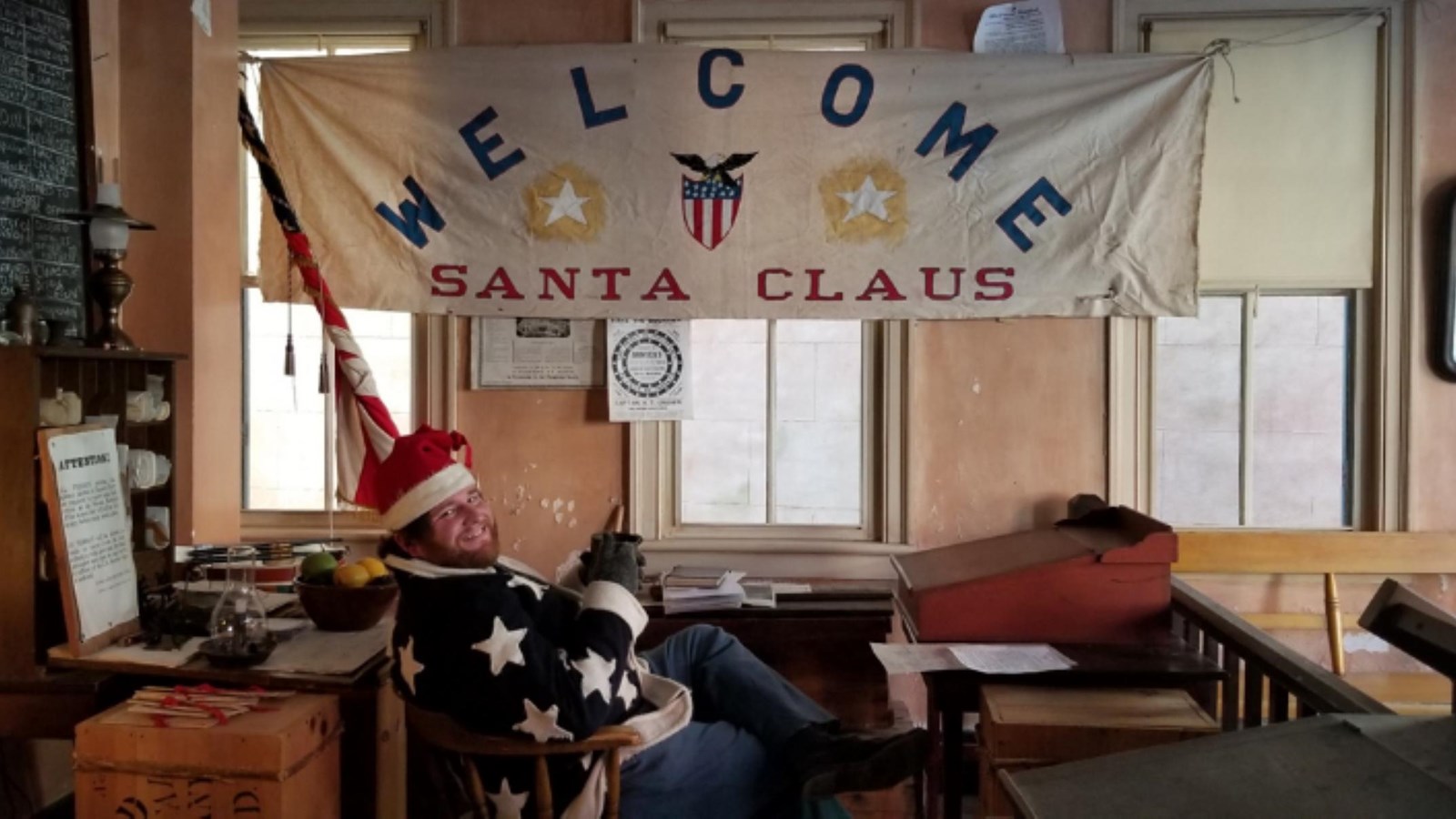 Photo of a ranger dressed as a civil war Santa.