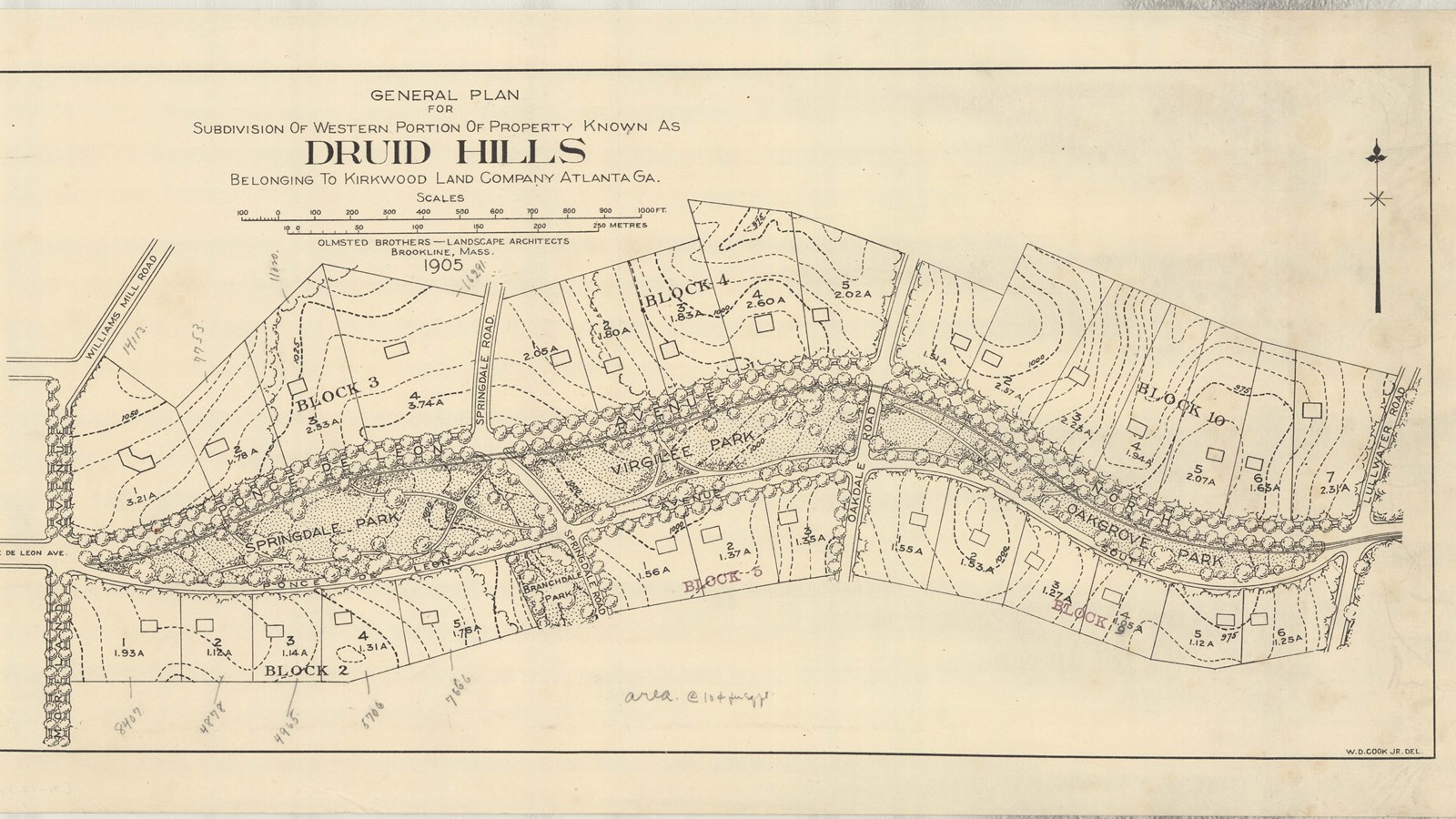 Plan of community with curving road lined by trees and lots for homes