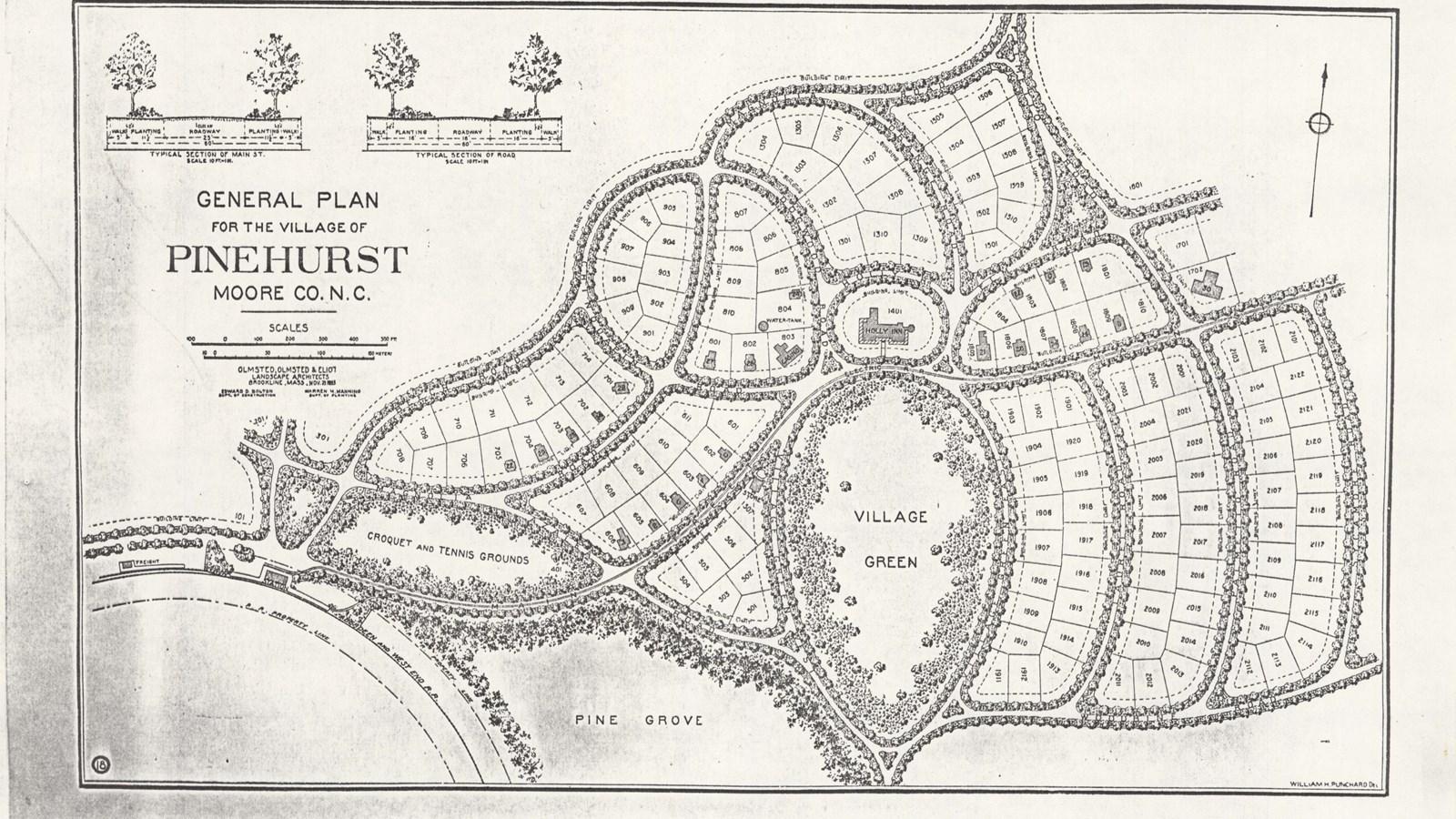 Pencil plan of tree lined streets all curved with one oval open space area