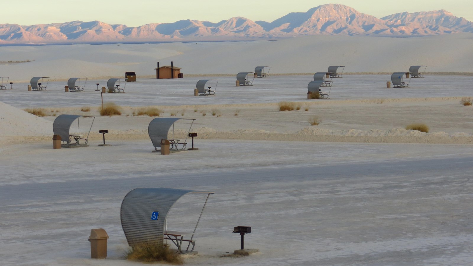A view of the Primrose and Roadrunner Picnic Areas at White Sands National Park.
