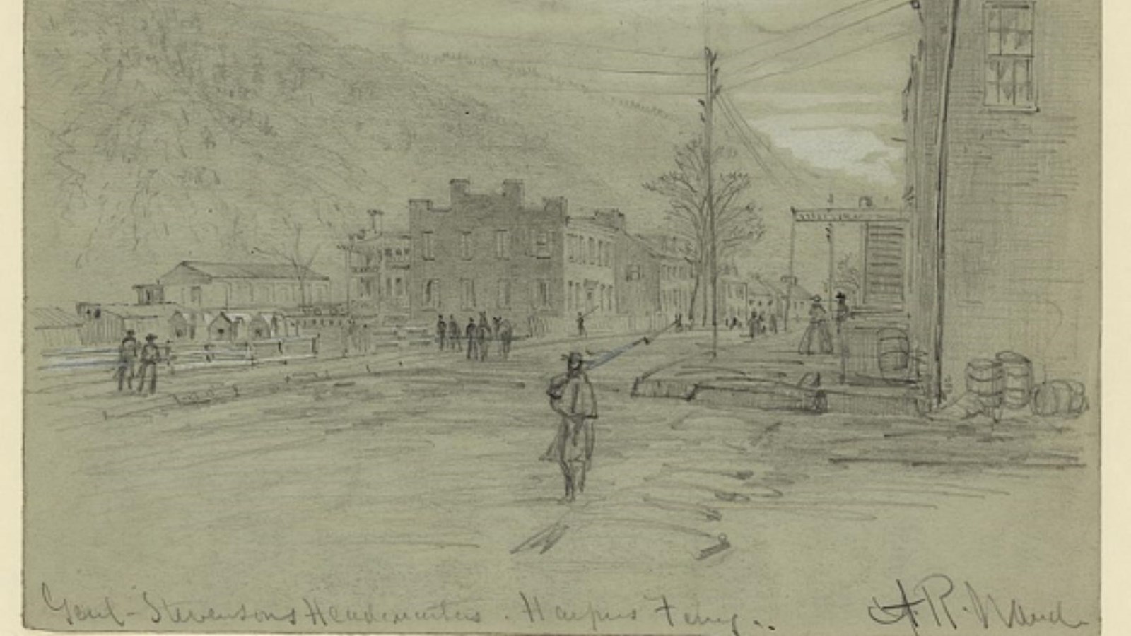 A sketch of a soldier on duty with military headquarters in the background