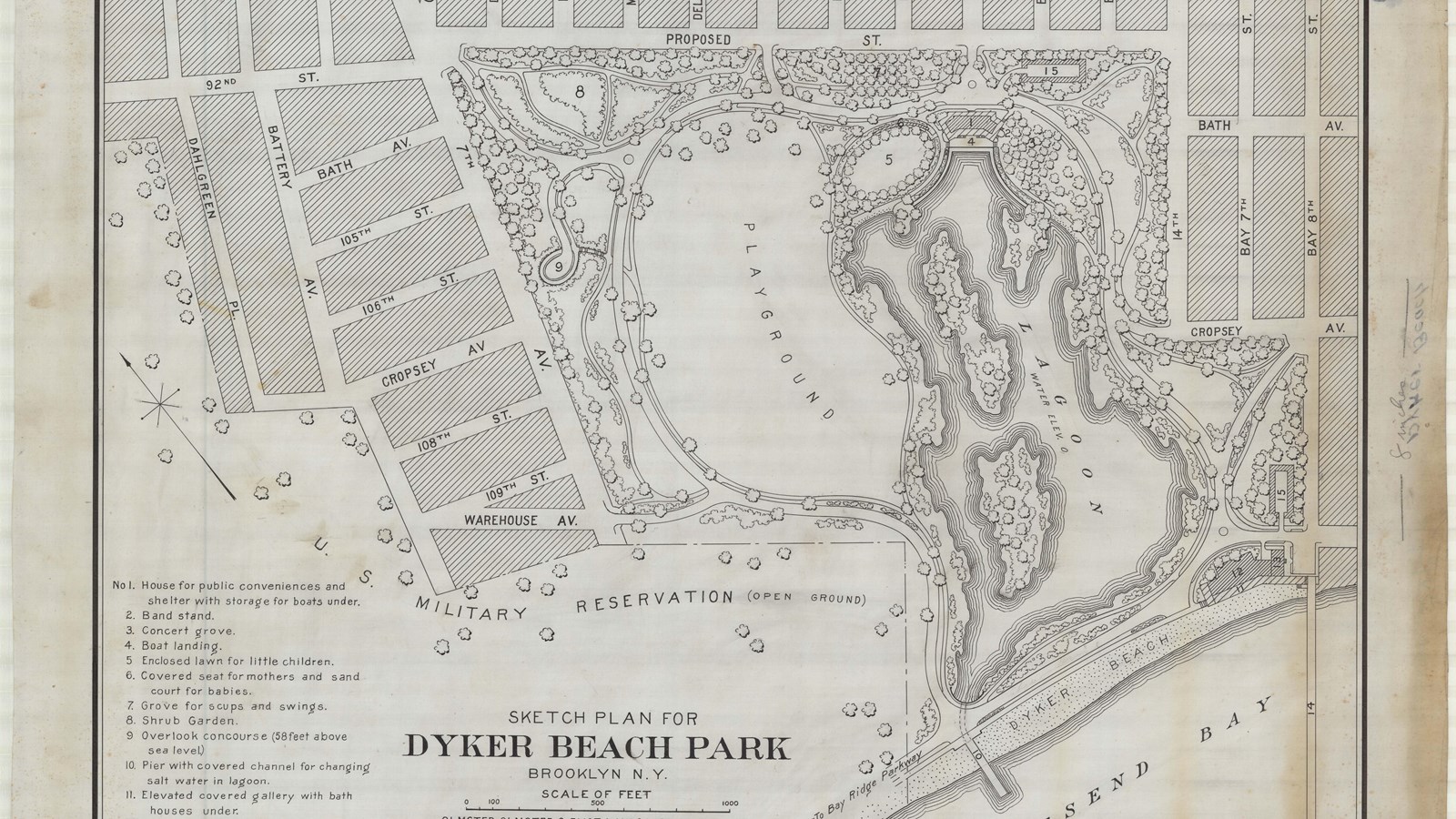 Plan of playground with lagoon and open play area next to water, other edge is city streets