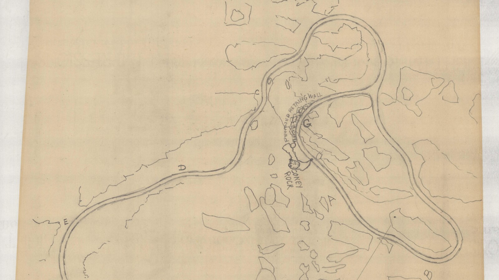 Pencil drawing of curving road leading to a large circle with building in middle