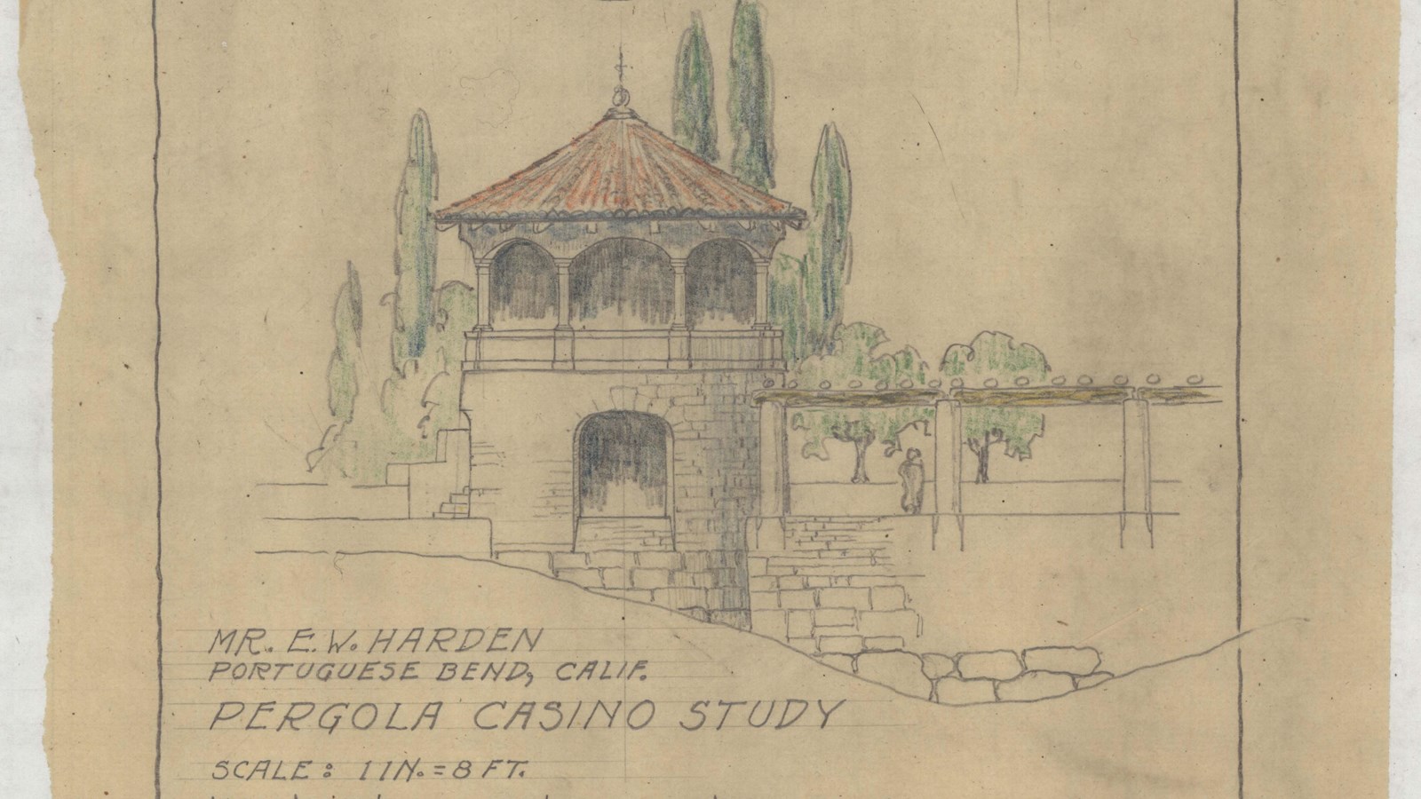 Pencil drawing of side of building with tan top with trees in the back