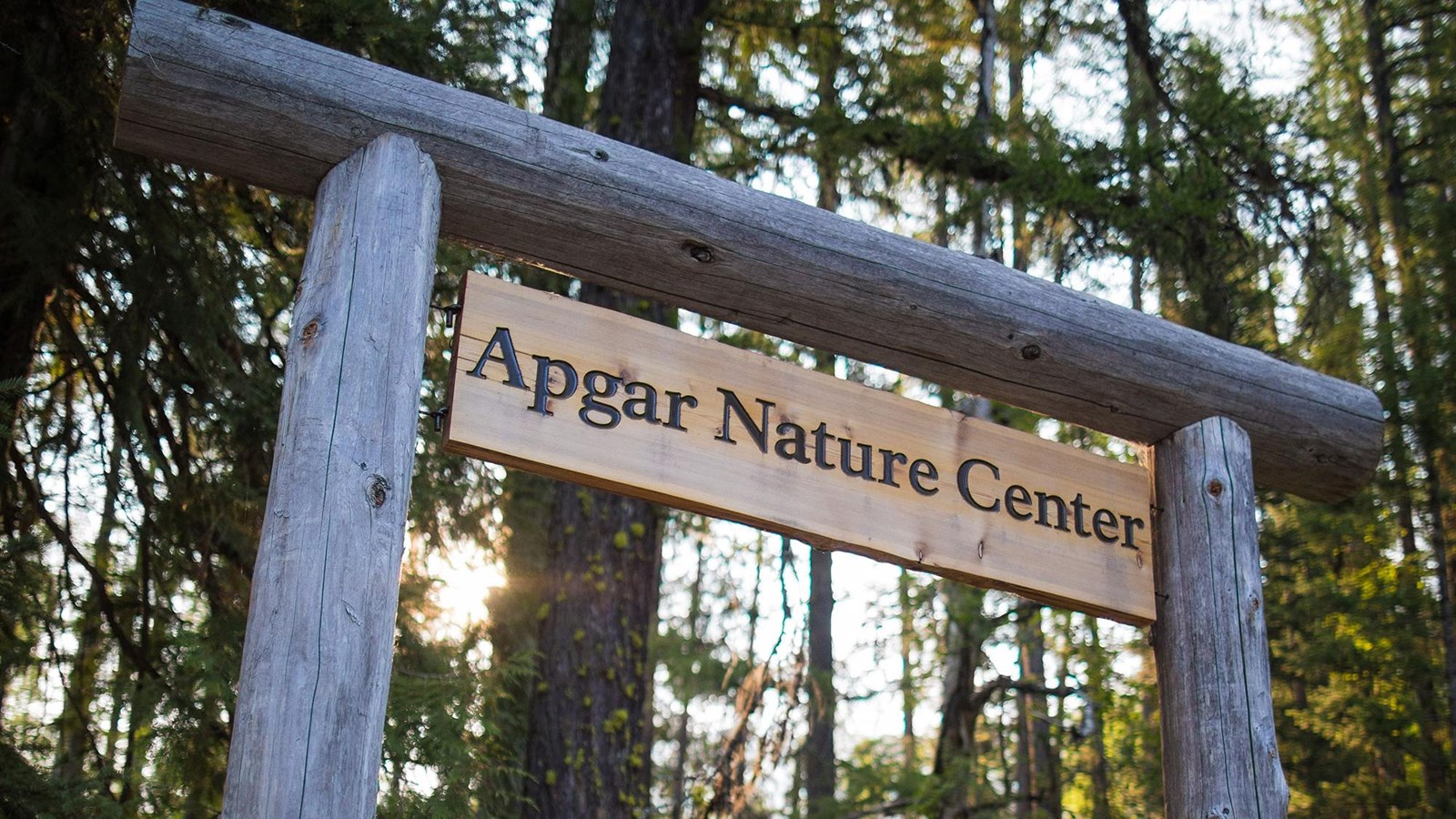 A wooden sign that says Apgar Nature Center hangs from a tall, wooden arch made of logs.