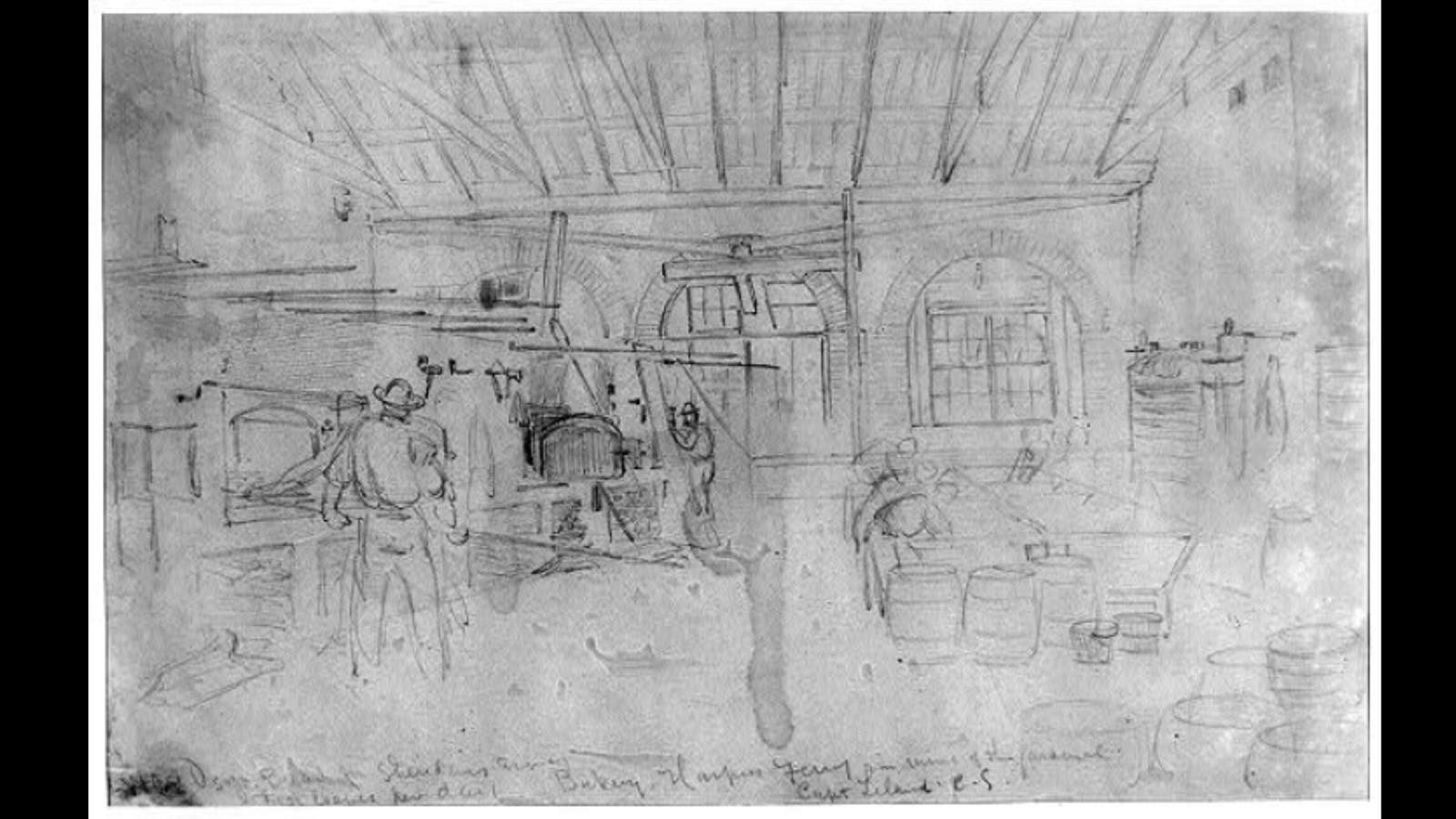 A sketch showing the large bake oven operation inside with men mixing or baking bread dough..