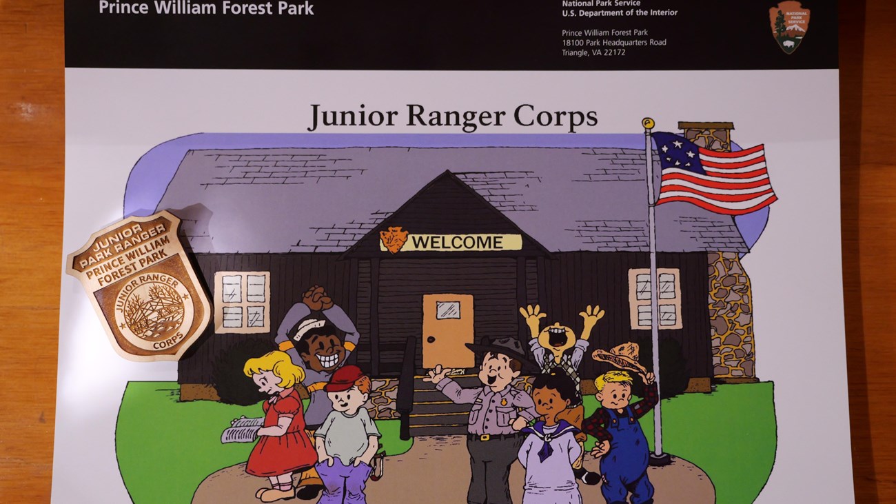 Junior Ranger Booklet with images of children in front of a cabin with at wooden badge laying on top