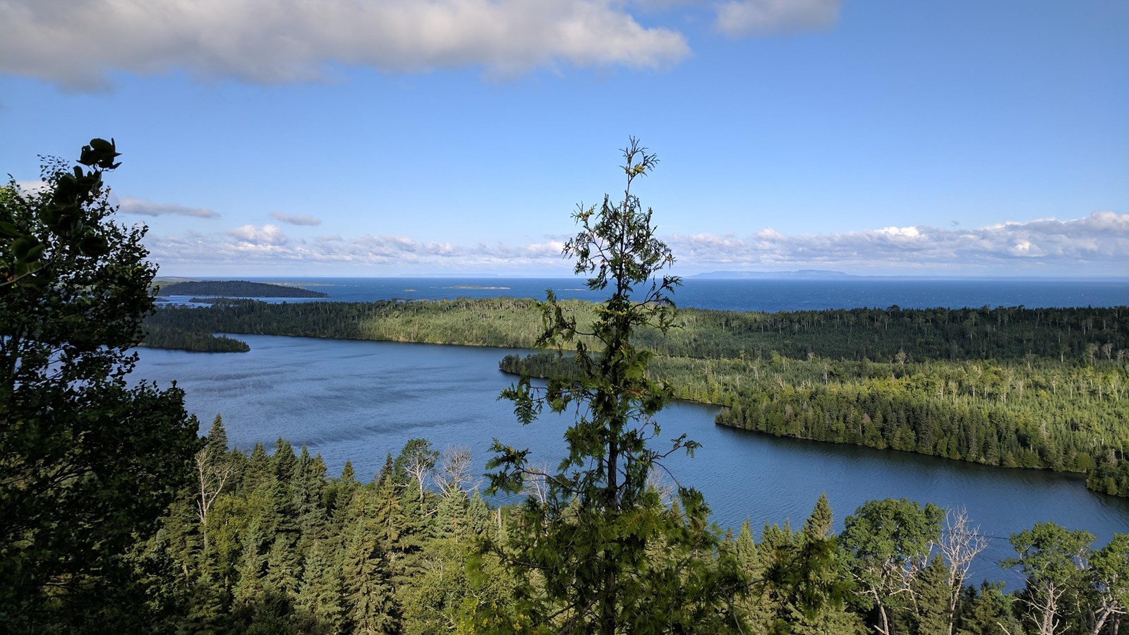 a view from the Lookout Louise overlook of Duncan Bay and the distant islands of Ontario