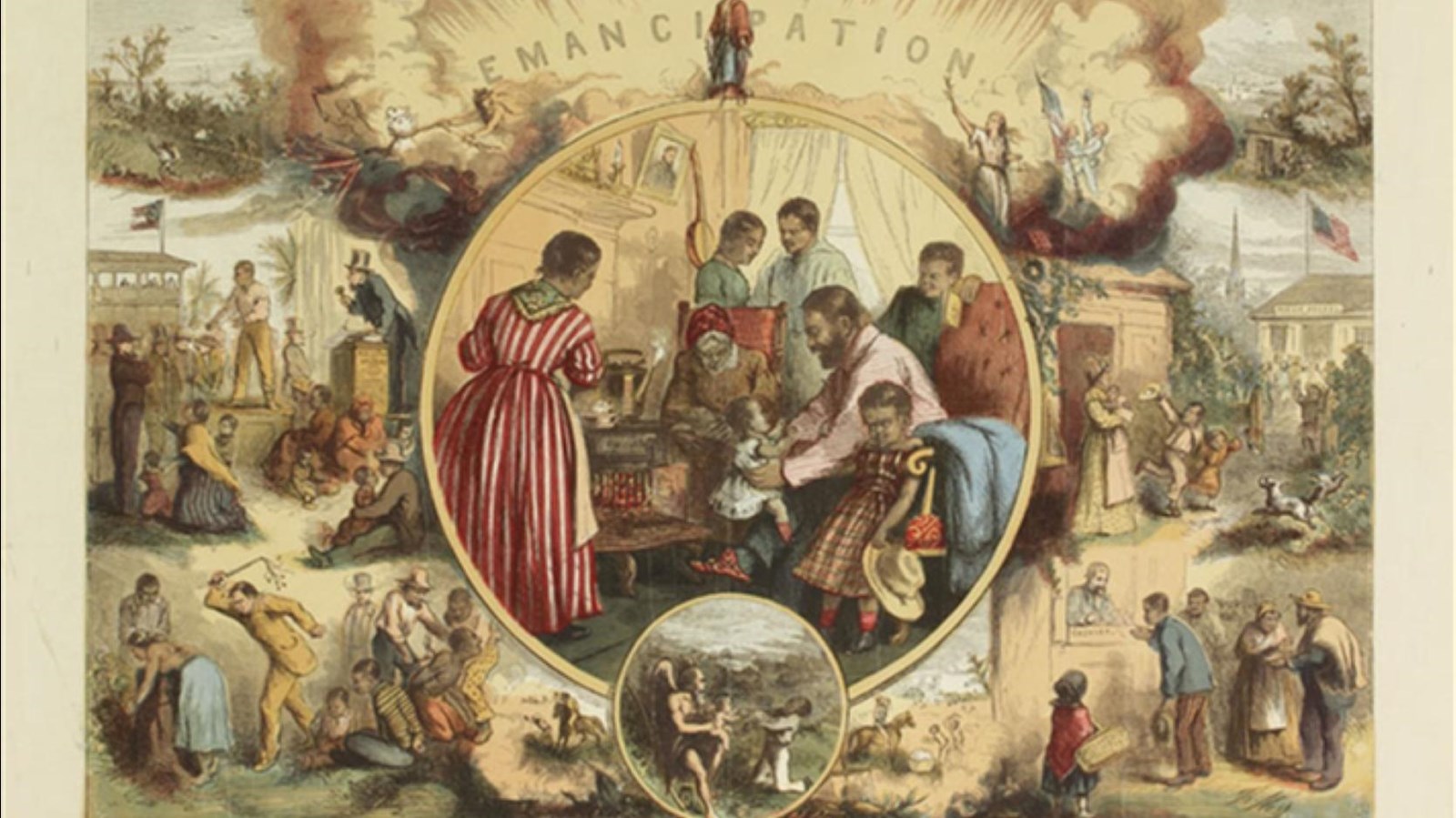 A 19th century lithograph showing enslaved people entering into new freedom.