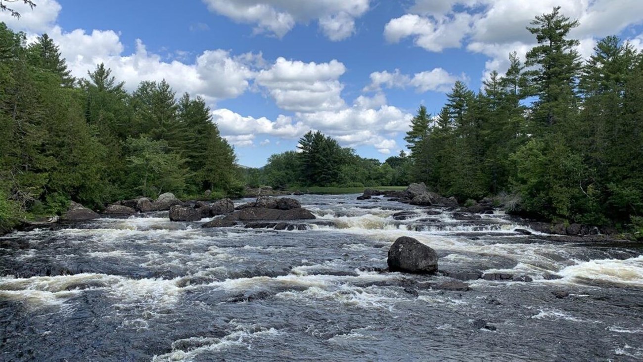 A landscape image of a large river flowing down and over large volcanic rocks that form rapids.