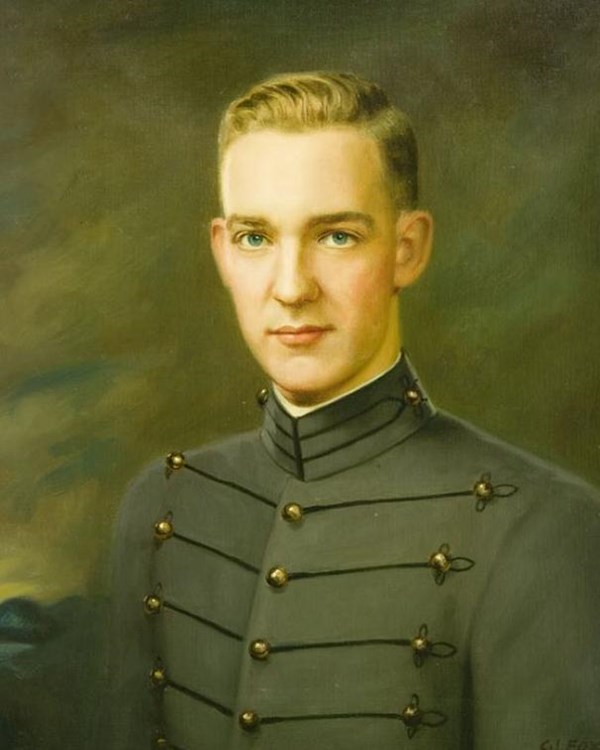 A color image showing a young man with blonde hair in a West Point cadet uniform