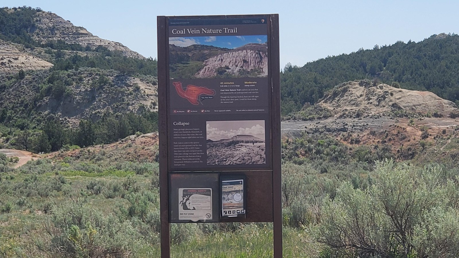 A trailhead sign. Behind it, buttes rise against a blue sky, and grass and sage grow on the ground.