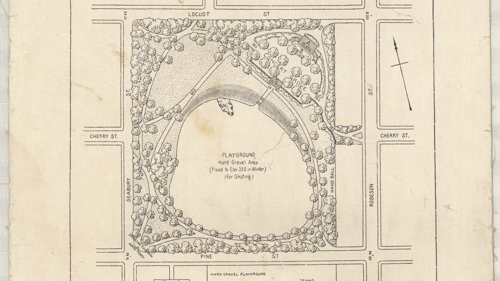 Plan of rectangular park with large open circular area with curving paths and lots of trees