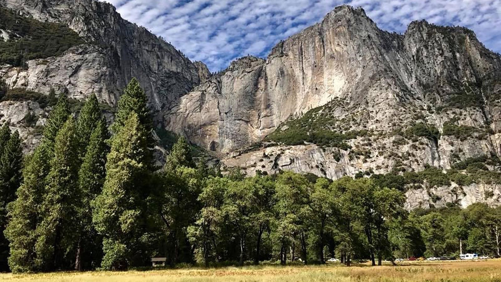 Dry Yosemite Fall, view of north Valley wall and clouds in sky