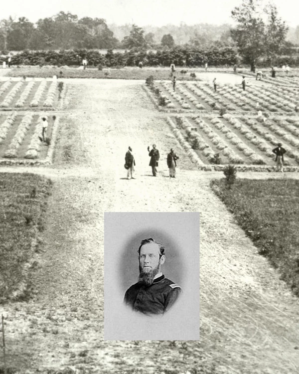Men work among rows of graves.