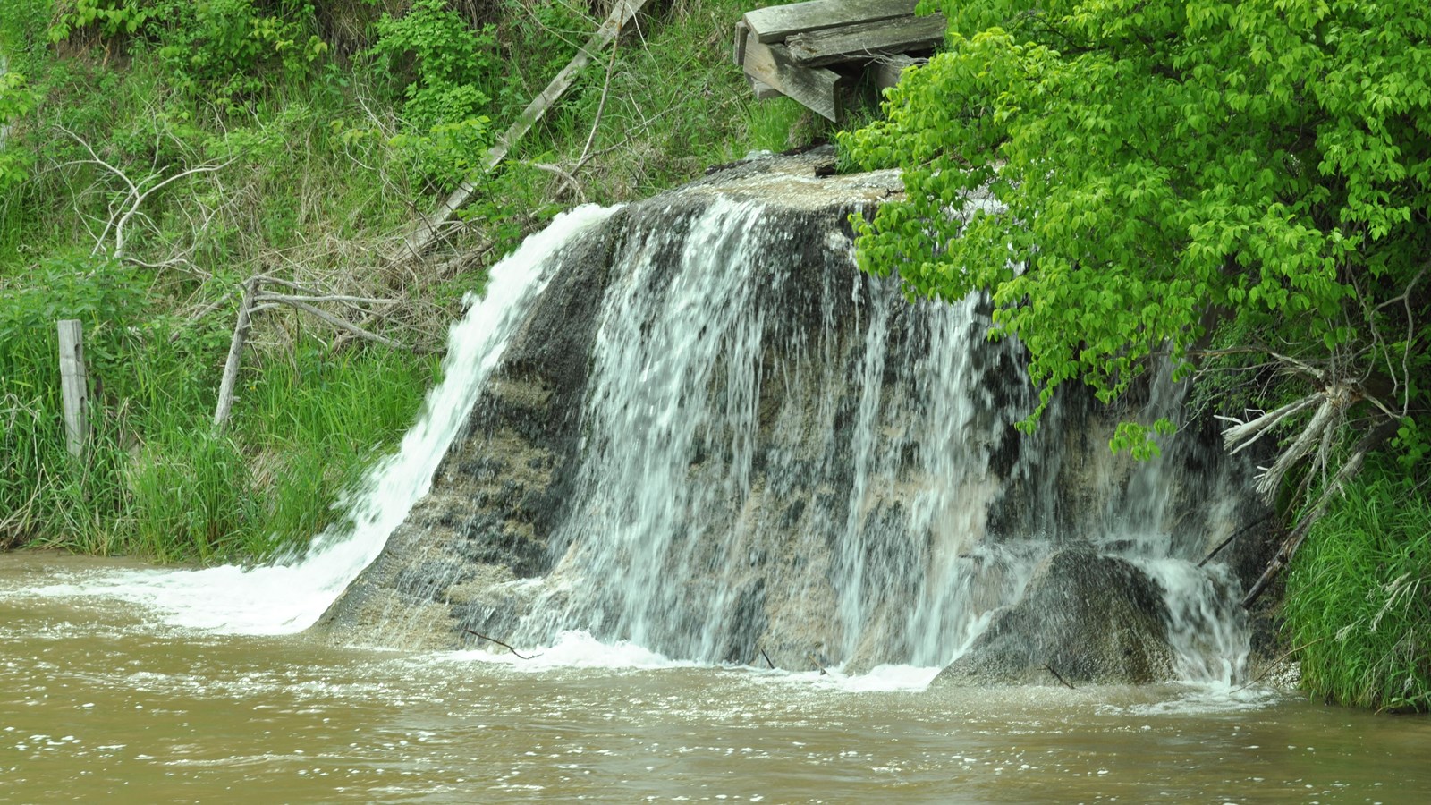 Waterfalls flow into a river with green trees an banks on their perimeter.