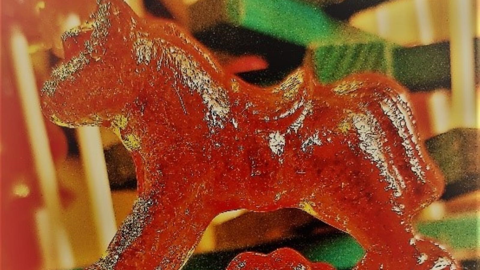 a photo of a molded candy hobby horse.