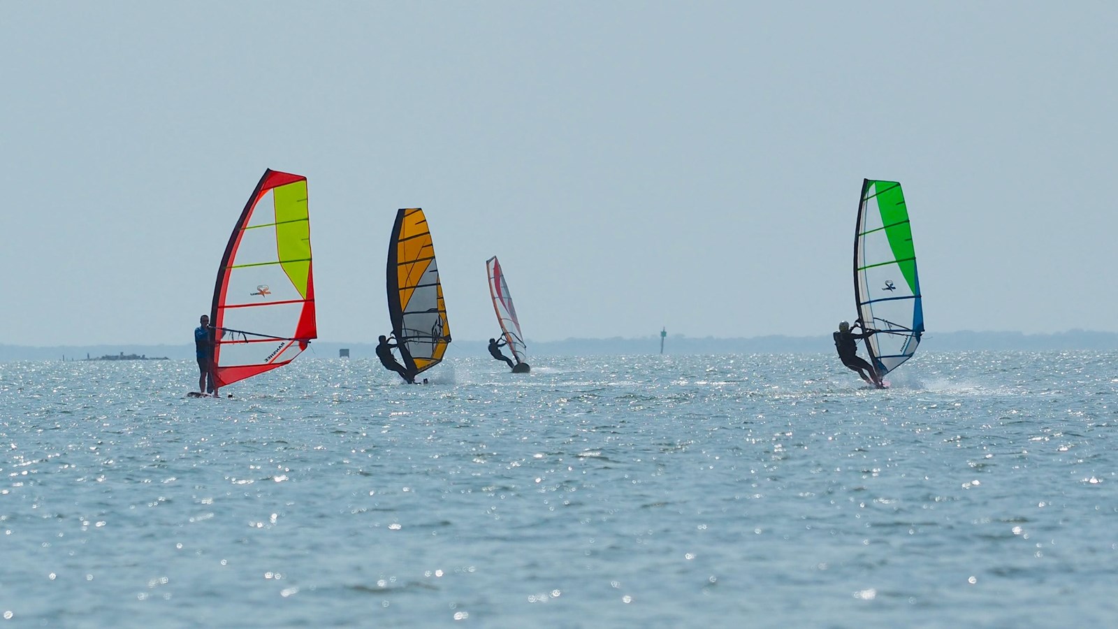 Several people windsurf on a large body of water.