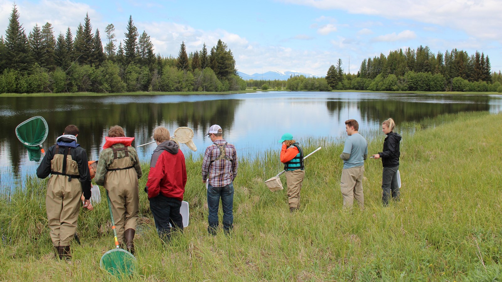 Seven figures stand at the edge of a pond. Several are holding large nets and wearing waders.