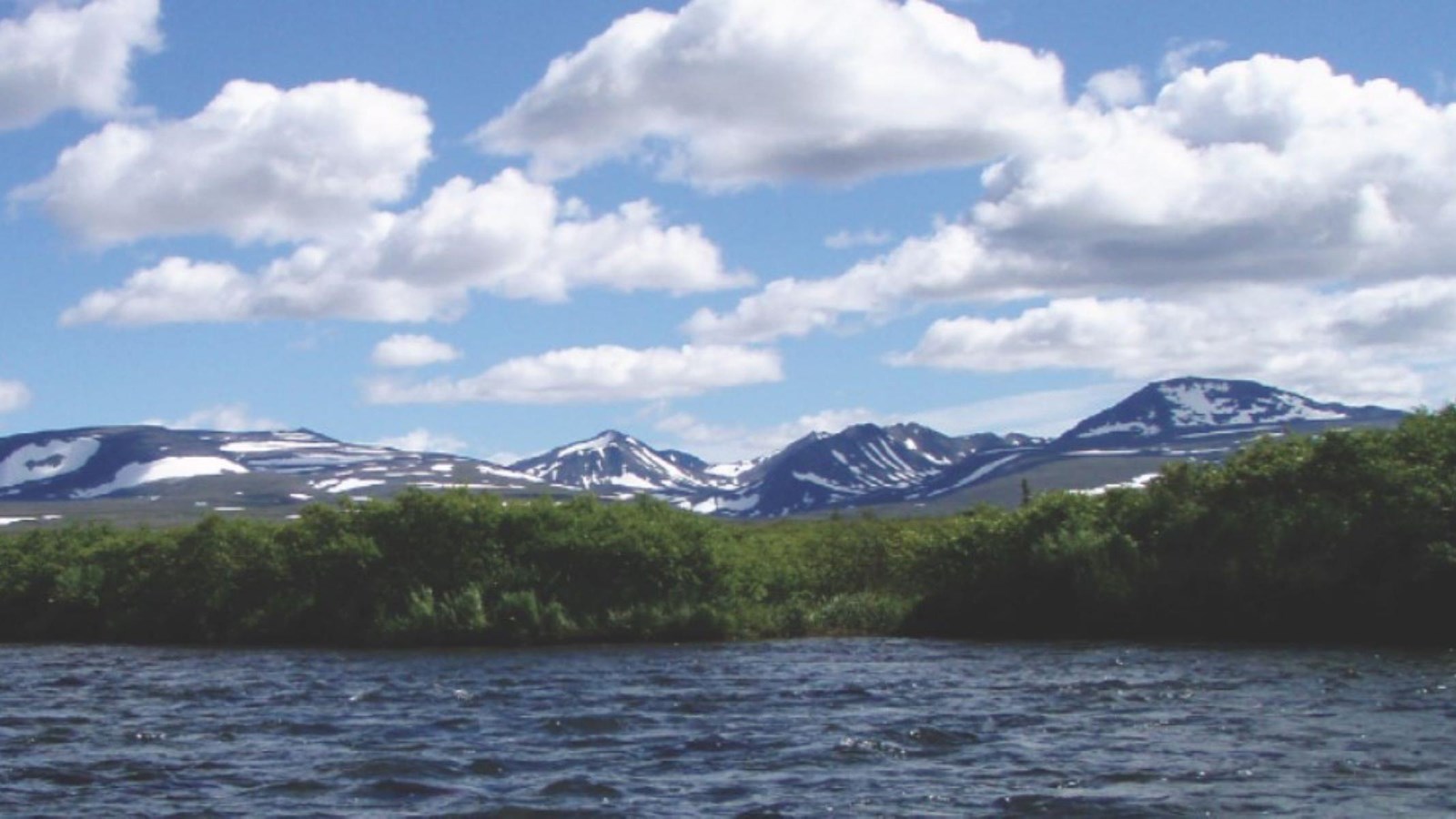 a wide river skirts the base of a green stand of trees and snow-dappled mountains.