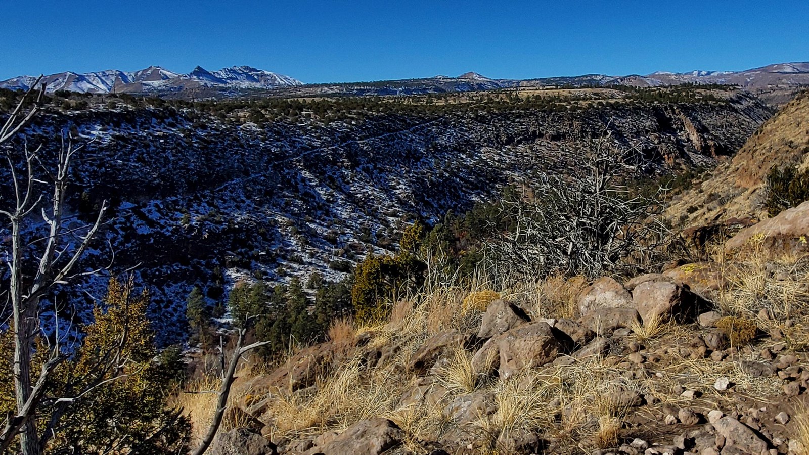 a steep walled canyon with pointed mountain peaks in the distance