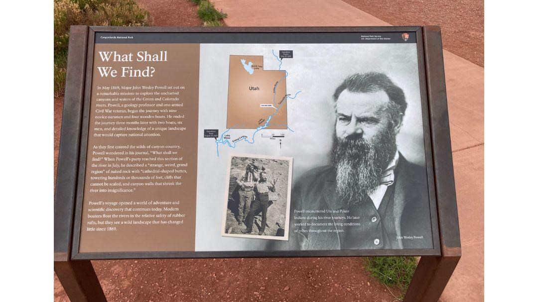A sign at the Green River Overlook with information about John Wesley Powell\'s journey