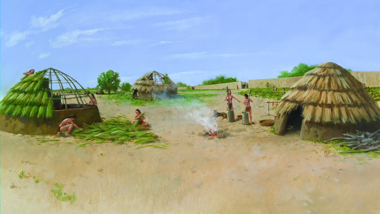 A painting of prehistoric dwellings