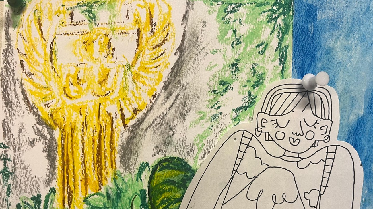 watercolor painting of gold statue and cartoon woman