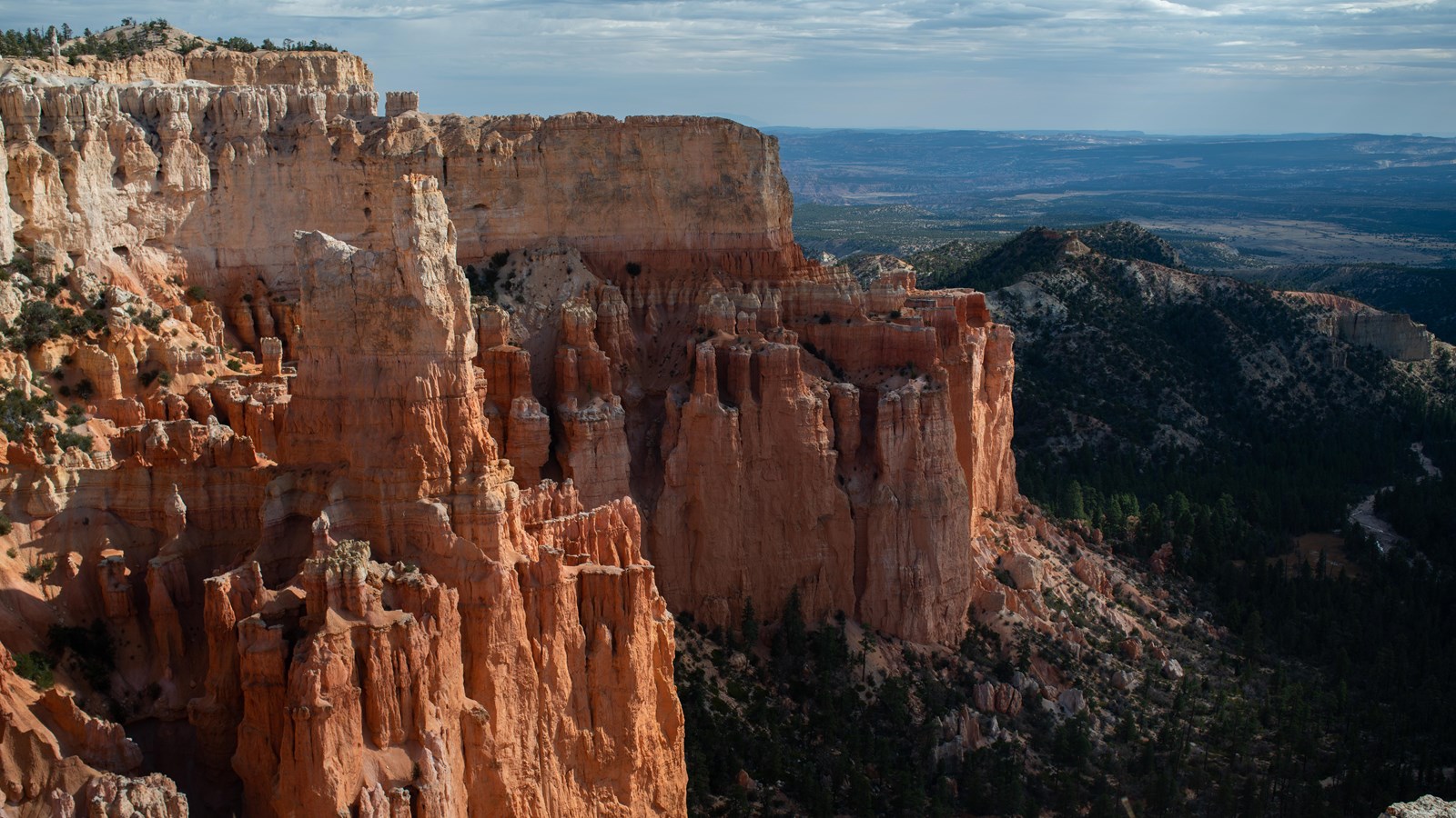 Vibrant red rock cliffs stand above forests and a broad river valley