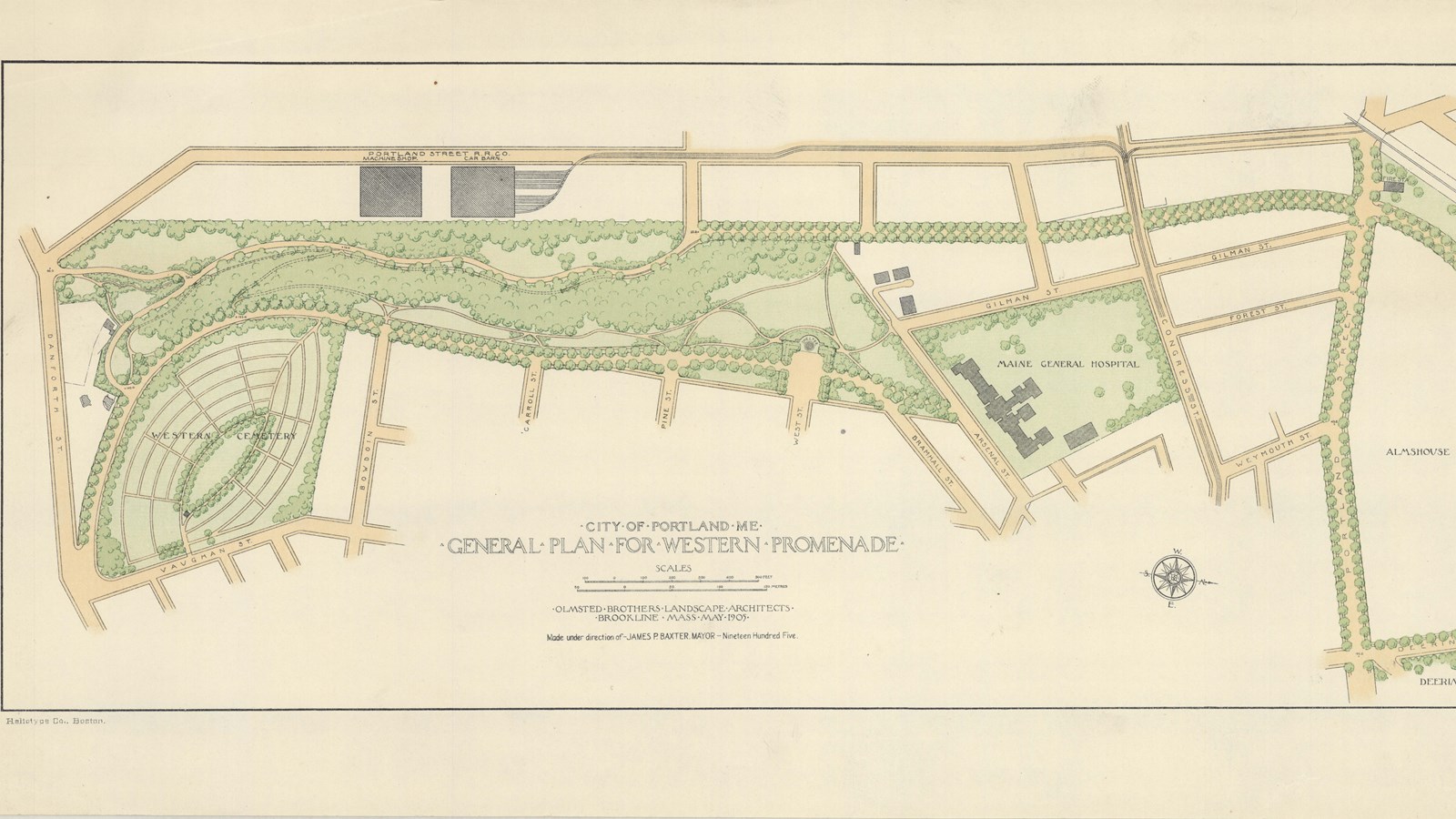 Plan of park along road with curving paths filled with trees and shrubs in between, somr buildings 