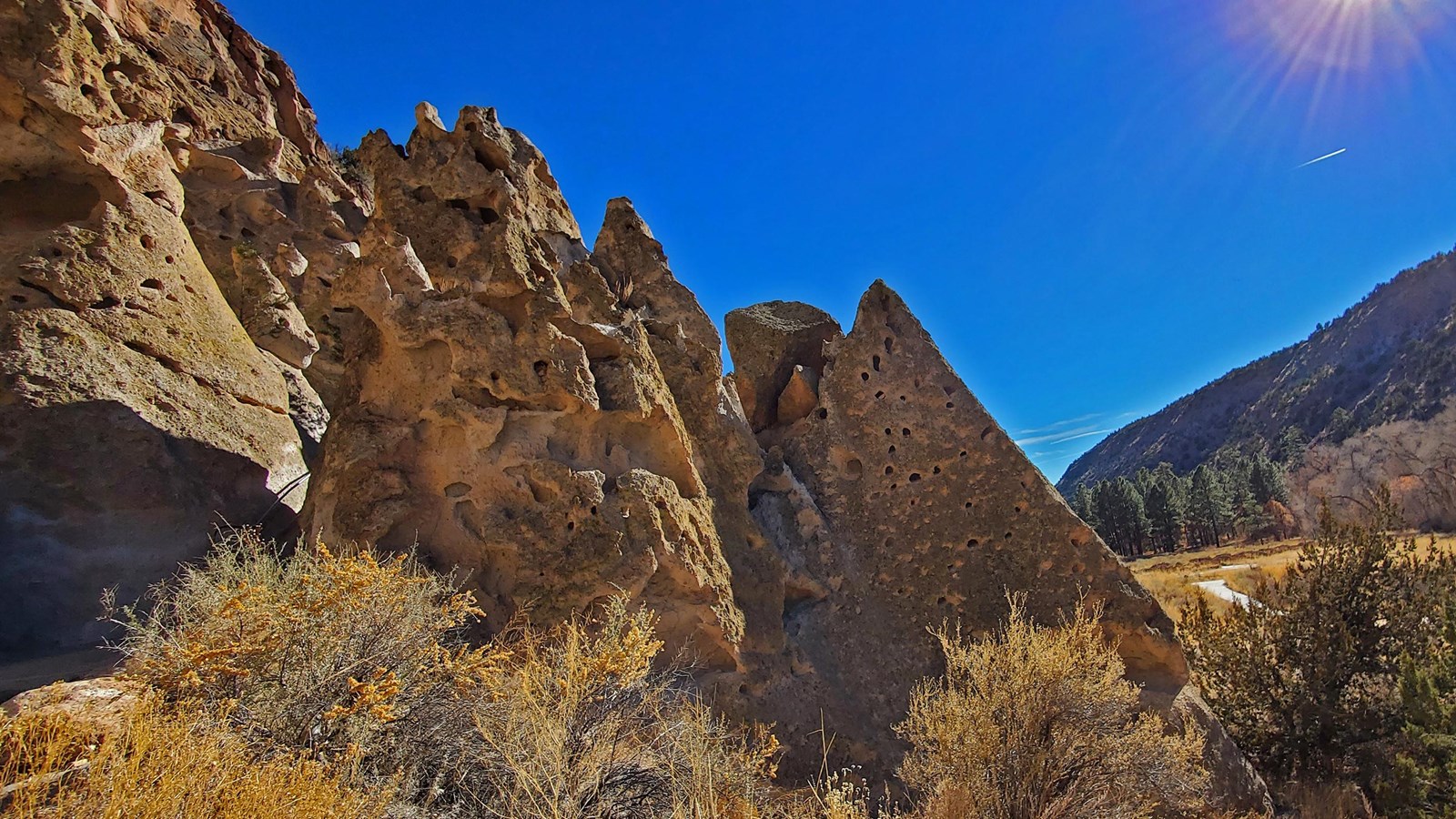 pointed buff rock formations stand out against a sky of blue with yellow grasses and trees