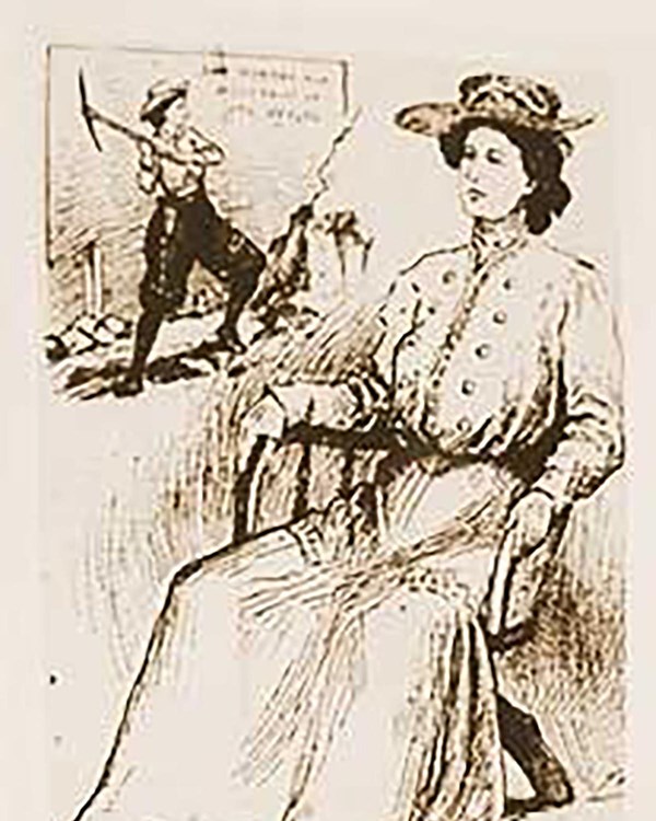 Drawing of women in clothing from 1800's sitting in a chair.