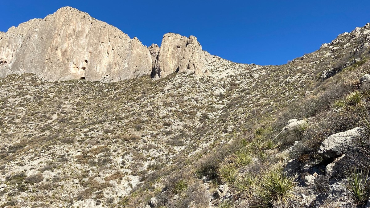 A stone trail winds up a steep desert slope. 
