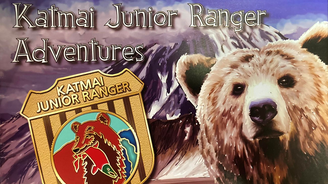 Front cover of the Jr. Ranger Book featuring Jr. Ranger badge, artistic rendering of a bear and moun