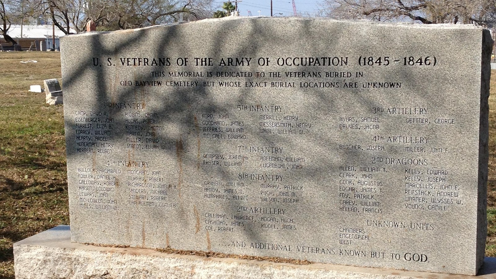 Old Bayview Cemetery granite marker with soldiers names listed.