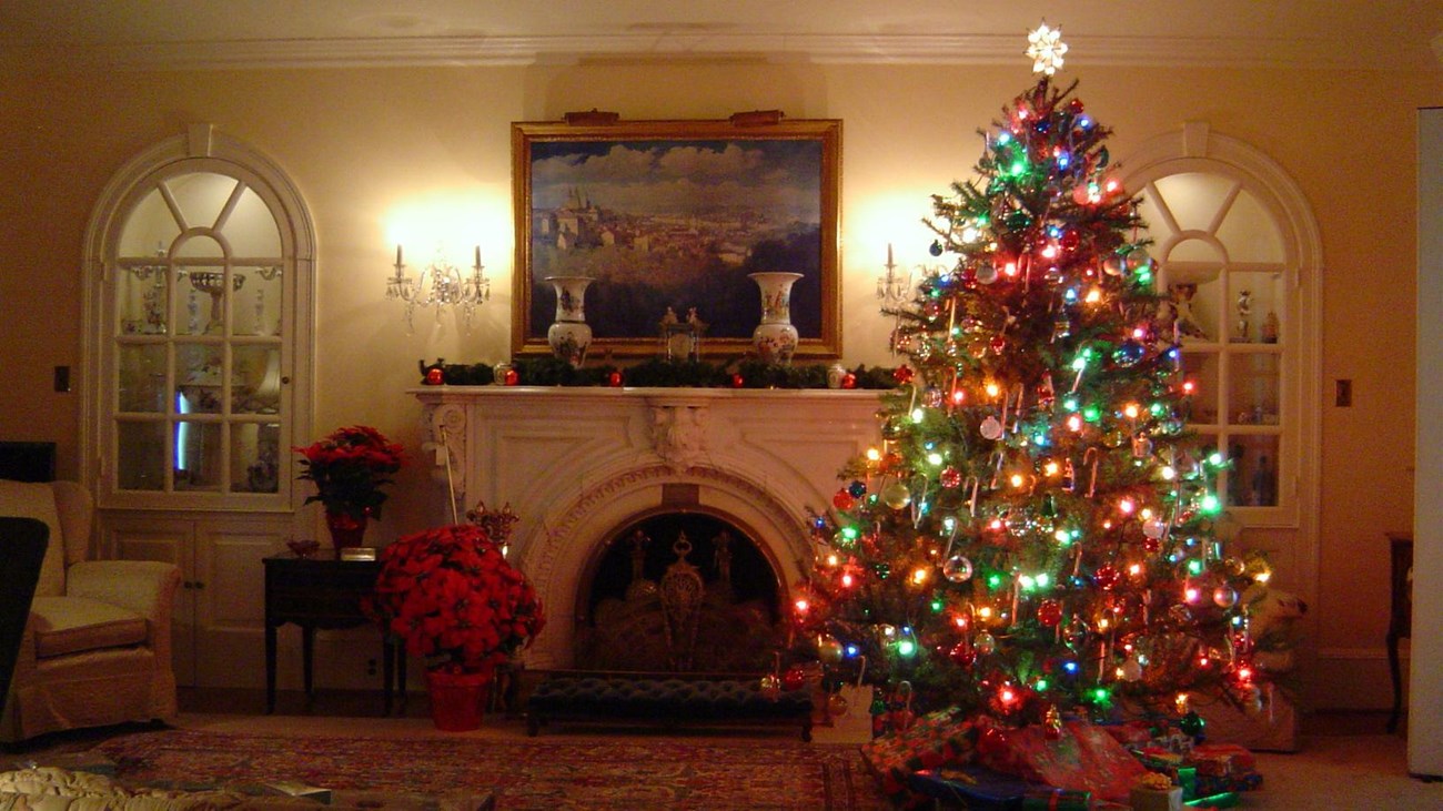 A Christmas tree glows with multicolor lights next to a fire place.