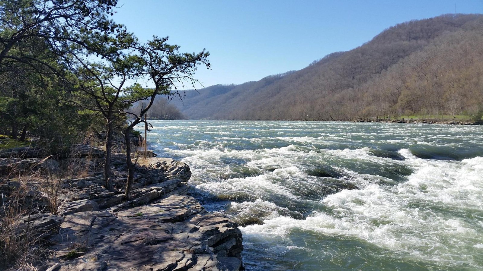 rapids on a big river with rocky shoreline