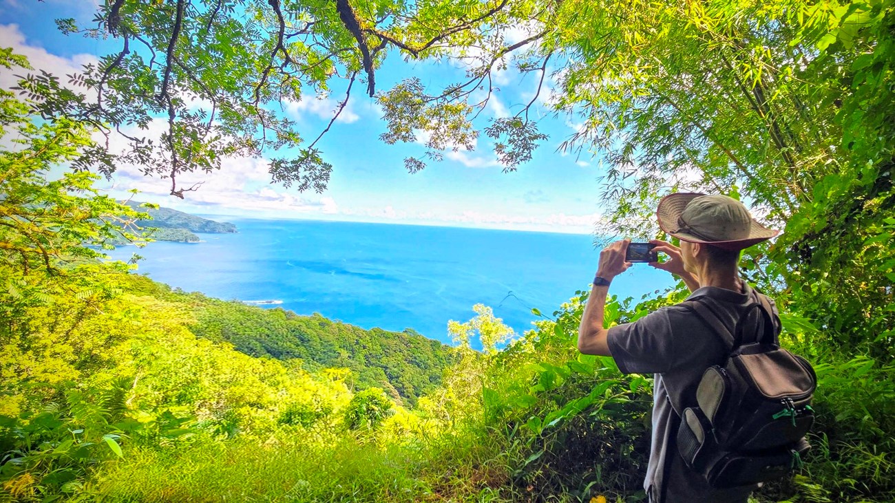 Outdoors; person holding binoculars looking out through greenery at blue waters in the distance. 